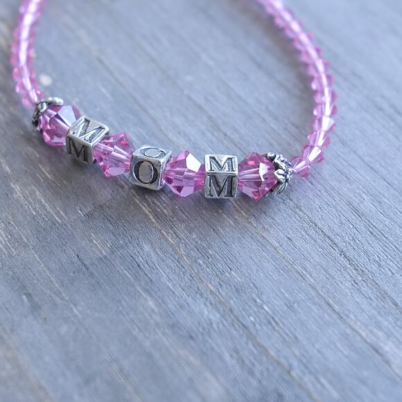 Sterling Silver 925 Mom Bracelet Pink Crystal Beads Cube Letter Beads 7.5" - Picture 4 of 7